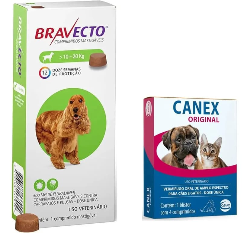 Bravecto Antipulgas Carrapatos Cães 10a 20kg + Vermífugo